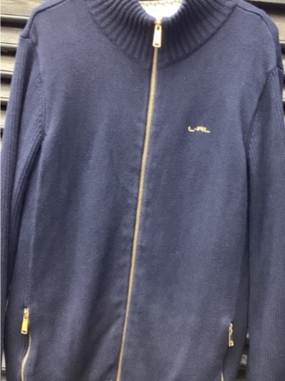 Ralph Lauren Navy Zip-Up Knit Sweater with Gold Hardware